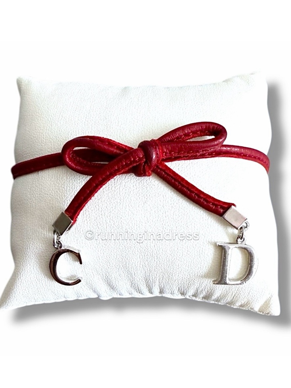 Dior Vtg Red Leather Bow CD Charm Bracelet Anklet Galliano Era 2001 Y2K SS01